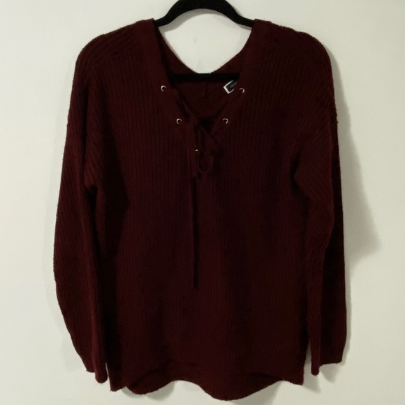 Another Story Burgundy Tie Up Knit Sweater Medium - Picture 4 of 4